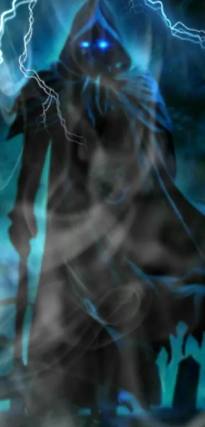 Mystical hooded figure with blue lightning in a stormy backdrop.