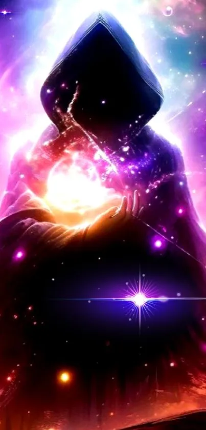 Mystical hooded figure holding glowing orb in vibrant cosmic scene.