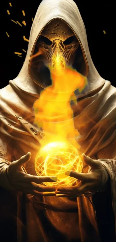 Hooded figure with fiery orb glowing in hands.