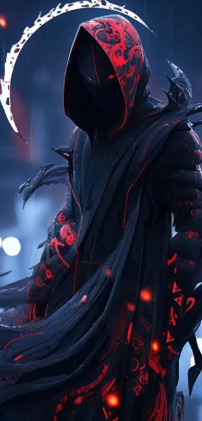 Hooded figure with mystical red glow and dark background.