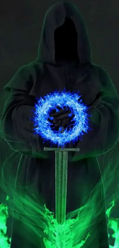 Hooded figure with blue energy and green flames in dark mystical setting.