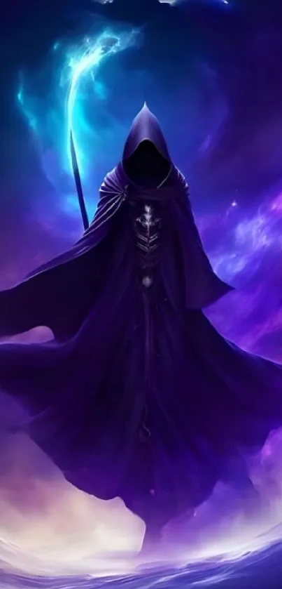 Hooded mystical figure with glowing aura in dark, vibrant tones.