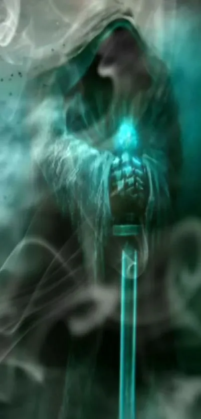 Mystical hooded figure with glowing blue sword and swirling smoke.