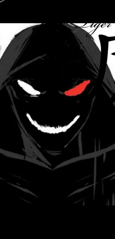 Dark hooded figure with red and white eyes wallpaper.