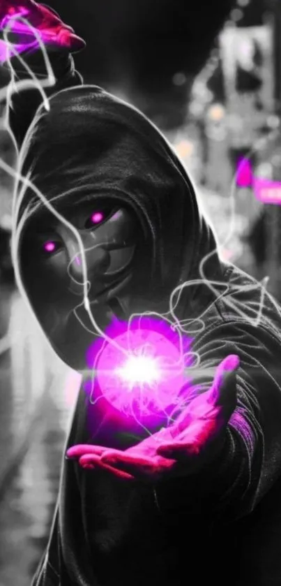 Hooded figure casting purple glow energy in a city night scene.