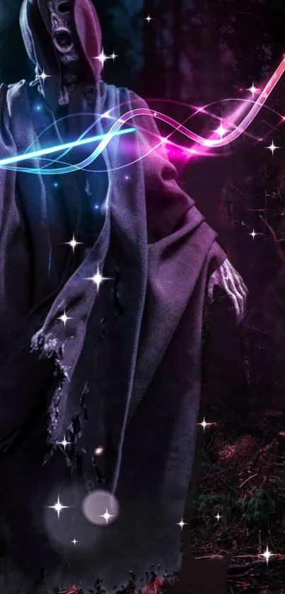 Mystical hooded figure with glowing light trails and dark purple tones.