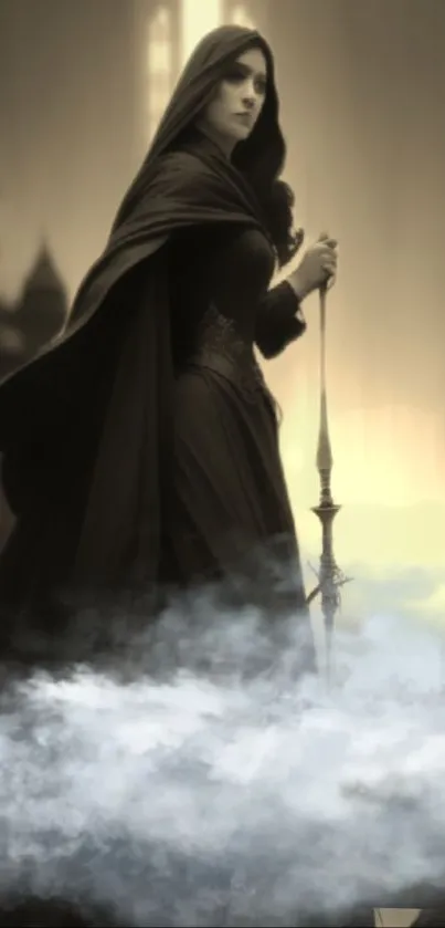 Hooded figure holding staff in misty, sepia-toned wallpaper.