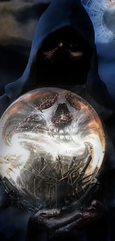 Hooded figure with glowing orb on a dark landscape, surrounded by skulls.