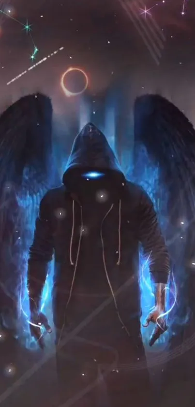 Mystical hooded figure with glowing blue aura and celestial background.