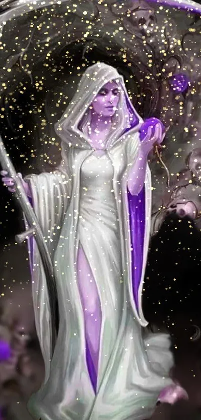 Hooded figure with purple glow and golden sparkles.