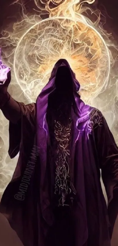 Hooded figure with purple flame, fiery backdrop.