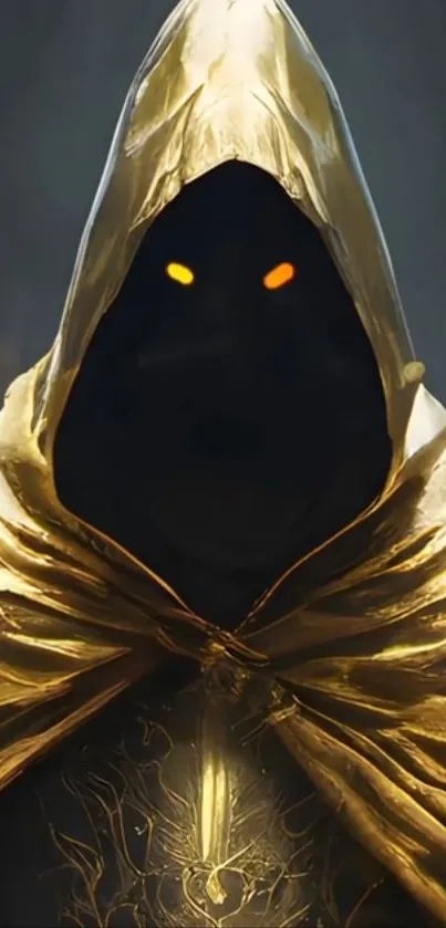 Hooded figure with glowing eyes and golden cloak on a dark background.