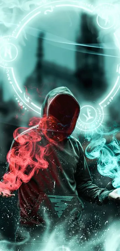 Hooded mystical figure with vibrant teal and red smoke.