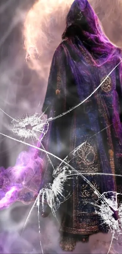 Mystical hooded figure in purple cloak with magical smoke effects.