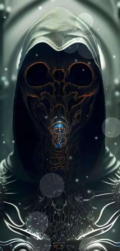 Mysterious hooded figure with intricate armor in dark setting.