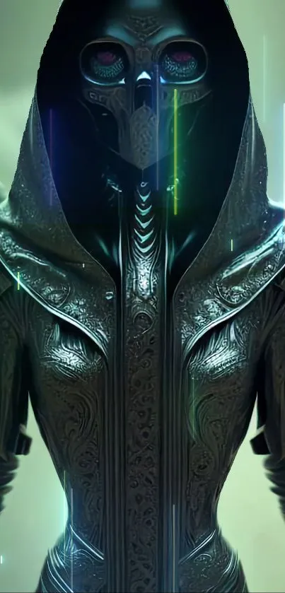 Mystical hooded figure with intricate armor and luminous streaks.