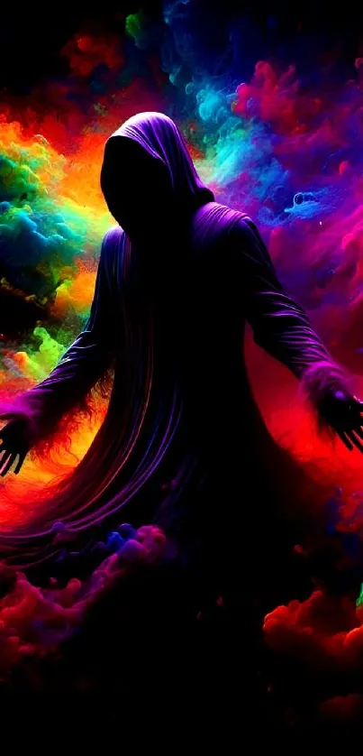 Enigmatic hooded figure with colorful cosmic background.