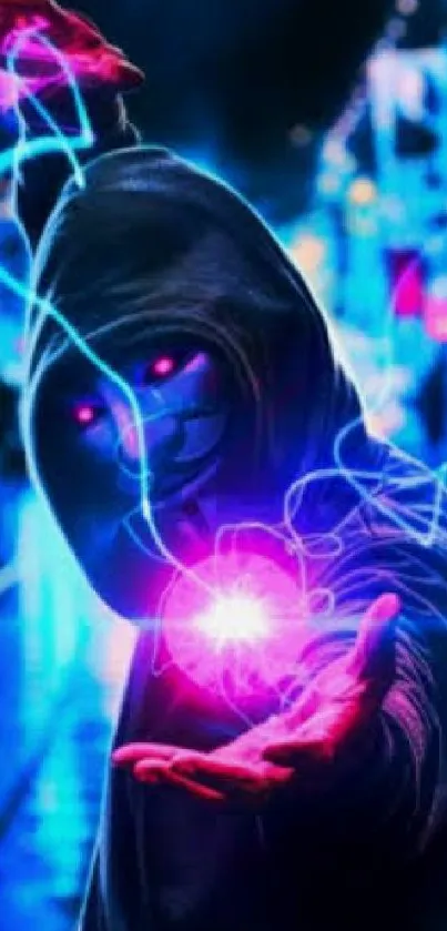 Hooded figure with neon energy in cityscape wallpaper.