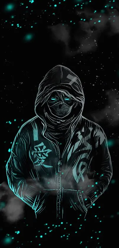 Mystical hooded figure with cyan highlights on a dark background.
