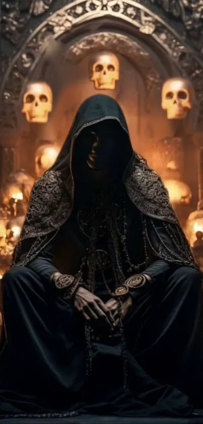 Hooded figure sitting amidst glowing skulls with gothic arches.