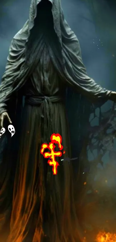 A mystical hooded figure stands with arms outstretched amidst fire in a dark forest.