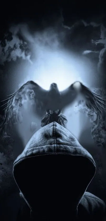 Hooded figure with raven silhouette in mystical darkness.