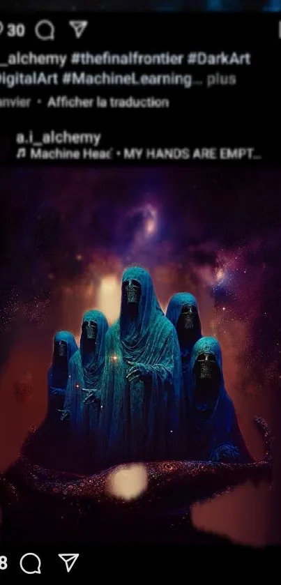 Wallpaper featuring hooded figures in a cosmic, surreal setting with dark tones.