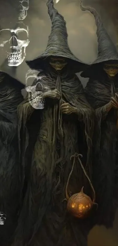 Three mysterious hooded figures holding lanterns and surrounded by floating skulls.