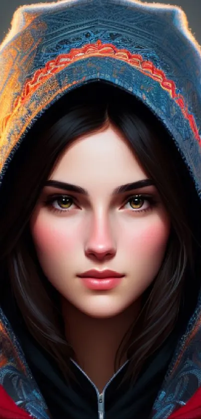 Digital art of a mystical hooded girl with vibrant colors and intricate details.