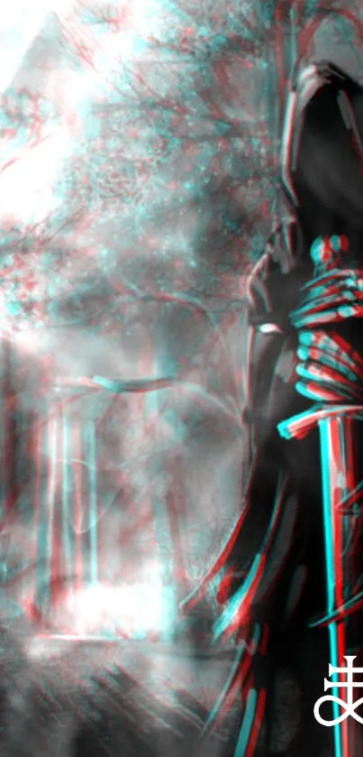 Mystical hooded figure in 3D illusion with surreal blue and red hues.