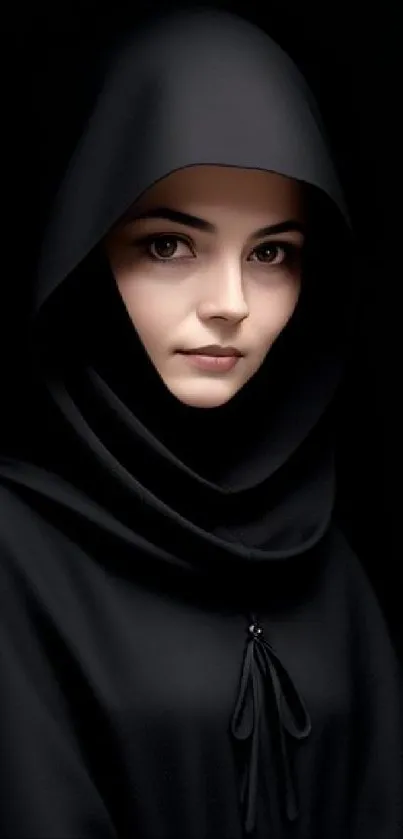 Hooded figure in black cloak, mysterious portrait.