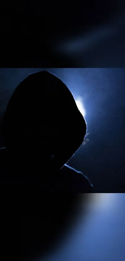 Hooded silhouette with a glowing background, creating a mysterious ambiance.