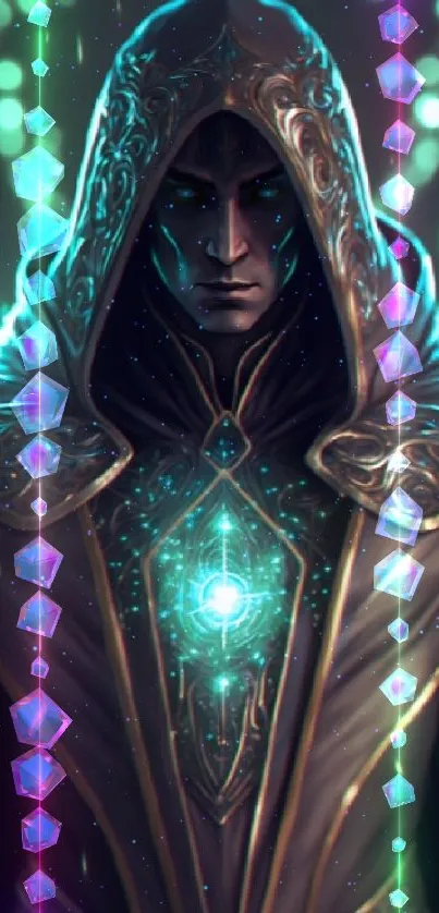 Hooded sorcerer with glowing teal magic aura.