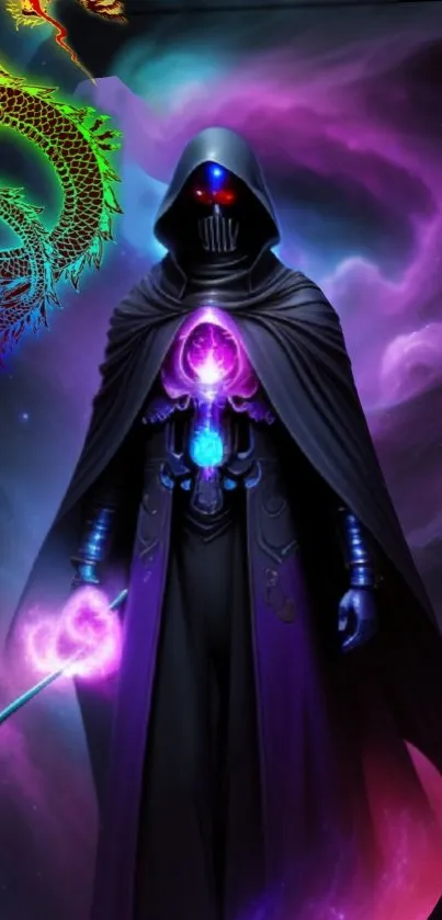 Hooded sorcerer with staff in vibrant cosmic background.