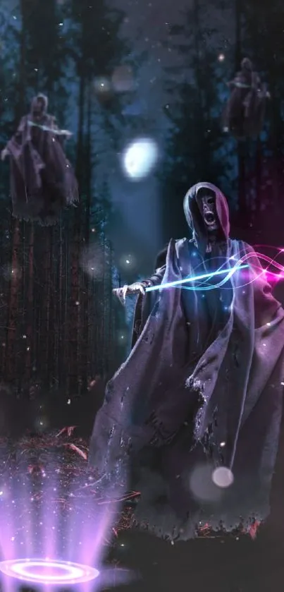 Hooded spirit conjures light in a dark mystical forest.