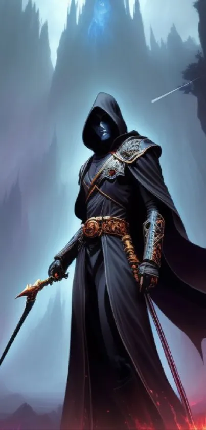 Mystical hooded warrior in dark fantasy landscape with glowing elements.