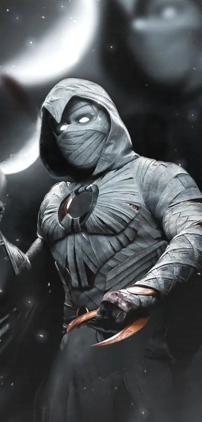 Mystical hooded warrior with moonlit background on mobile wallpaper.