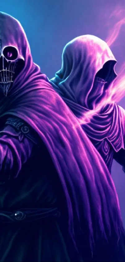 Mystical hooded warriors with purple and blue aura.