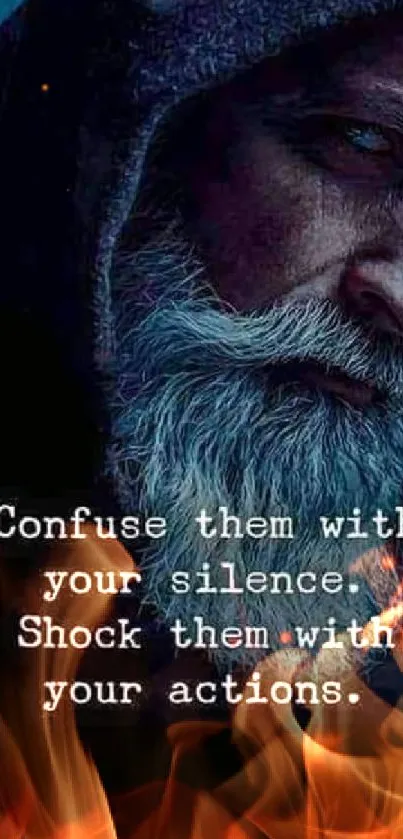 Dark hooded figure with inspiring quote on actions and silence.