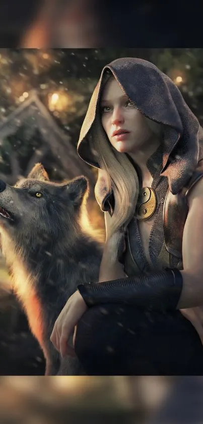 Hooded woman and wolf in a mystical forest.