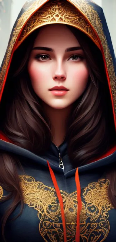 Mystical woman in hooded cloak with golden details.