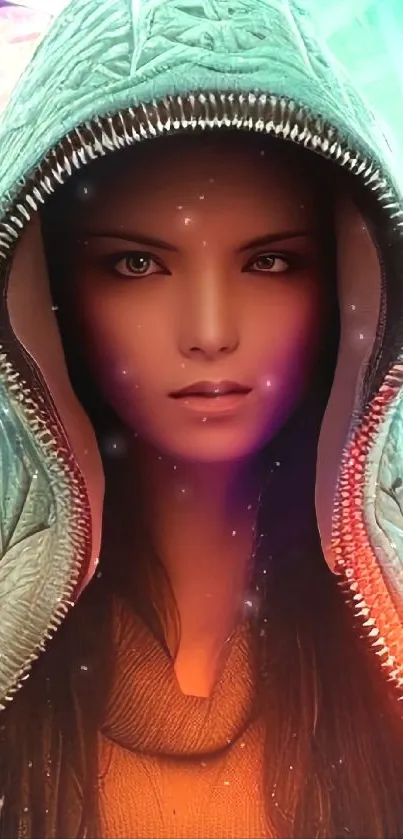 Mystical woman in hood with colorful background, digital art wallpaper.