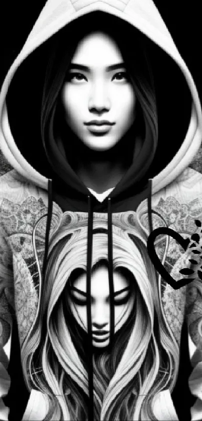 Black and white hooded figure art wallpaper for phone.