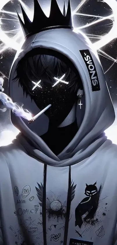 Hooded figure with celestial theme and crown, smoking in mysterious art.