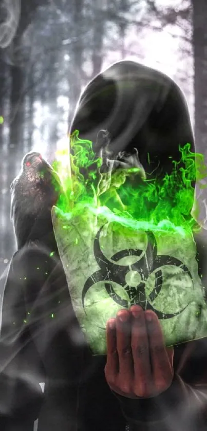 Hooded figure with a glowing green biohazard symbol in a dark forest.