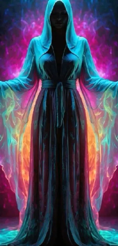 Mystical hooded figure with vibrant glowing colors on dark background.