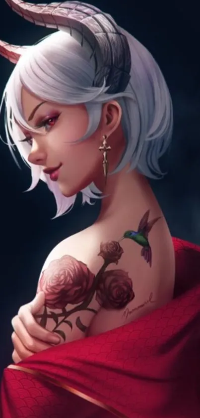 Horned anime girl with tattoos and a bird, wrapped in a red cloth.