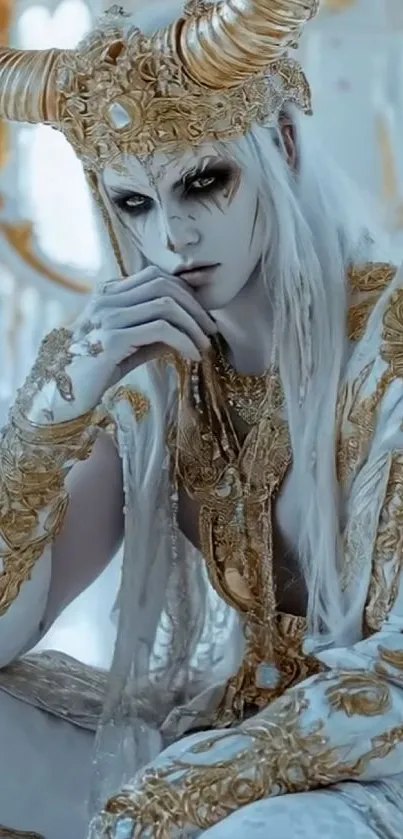 Mystical horned character in golden attire wallpaper.