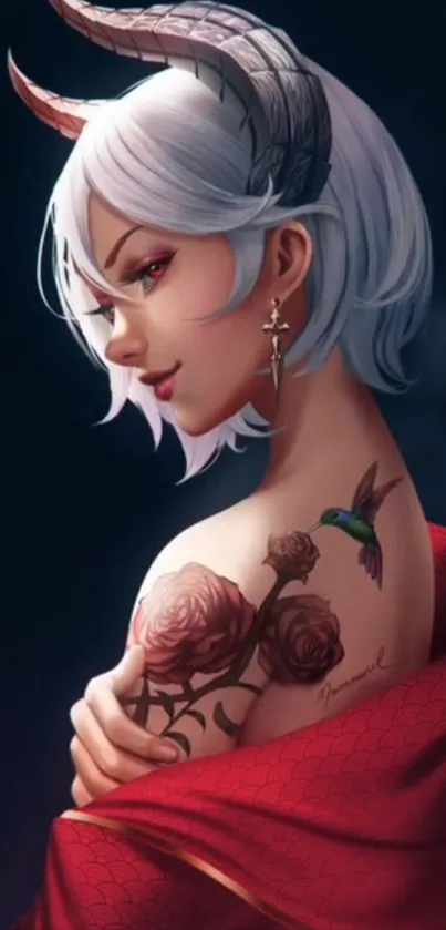 Mystical horned character with floral tattoos in red attire.