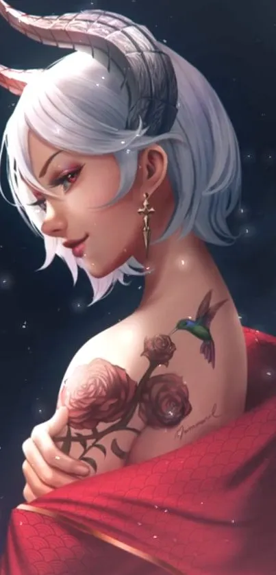 Anime horned girl with floral tattoo and hummingbird in dark background.